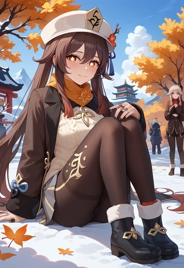 genshin impact,hutao,winter,student uniform,puffer coat  - AI generated anime art