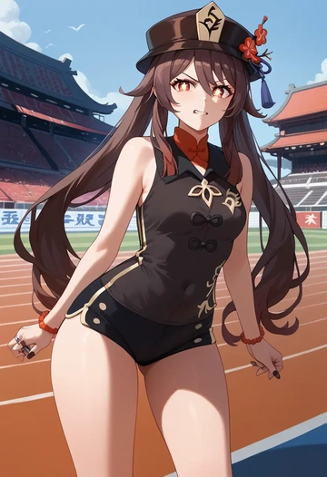 genshin impact,hutao,sleeveless swim top,shorts-style bottom,contrast stitching  - AI generated anime art