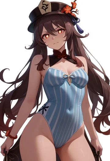 genshin impact,hutao,racerback swimsuit,striped trim,name tag patch  - AI generated anime art