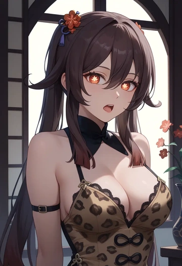 genshin impact,hutao,leopard print,silk slip dress  - AI generated anime art