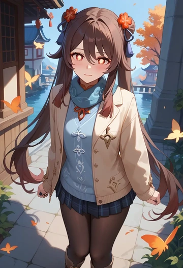 genshin impact,hutao,winter,student uniform,down jacket  - AI generated anime art