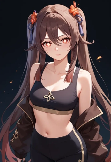 genshin impact,hutao,sports crop,high-waisted shorts  - AI generated anime art