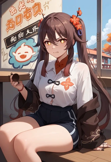 genshin impact,hutao,oversized graffiti shirt,dolphin shorts  - AI generated anime art