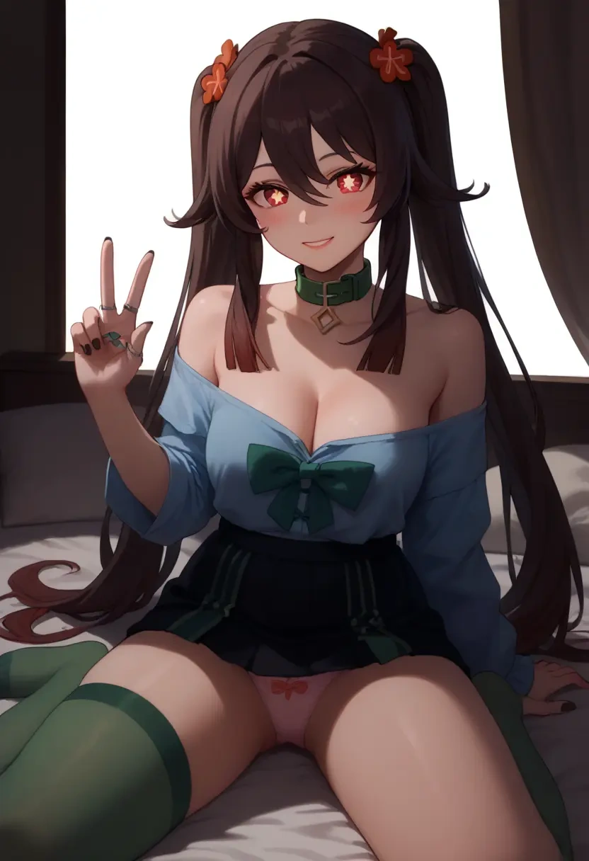 genshin impact,hutao,blushing,collar, peace sign, condom,mini skirt,Thigh garters  - 