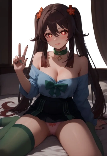 genshin impact,hutao,blushing,collar, peace sign, condom,mini skirt,Thigh garters  - AI generated anime art