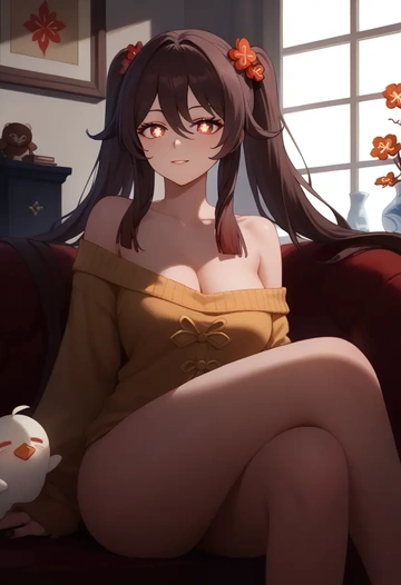 genshin impact,hutao,off-shoulder,sweater  - AI generated anime art