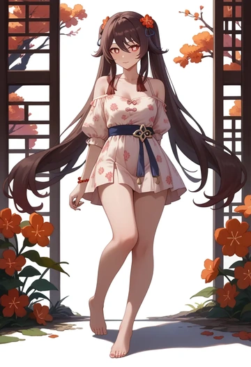 genshin impact,hutao,silk slip dress,floral prints  - AI generated anime art