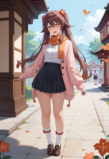 genshin impact,hutao,spring,student uniform,light cardigan  - AI generated anime art