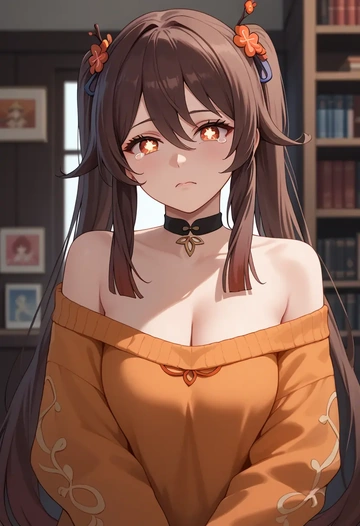 genshin impact,hutao,orange,sweater,choker  - AI generated anime art