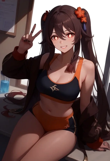 genshin impact,hutao,tankini top,board shorts  - AI generated anime art