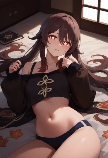 genshin impact,hutao,off-shoulder top,dolphin shorts  - AI generated anime art