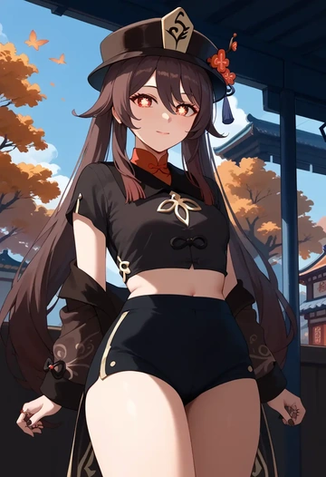 genshin impact,hutao,crop top,athletic shorts  - AI generated anime art