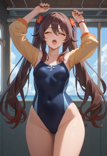 genshin impact,hutao,racerback swimsuit,striped trim,name tag patch  - AI generated anime art