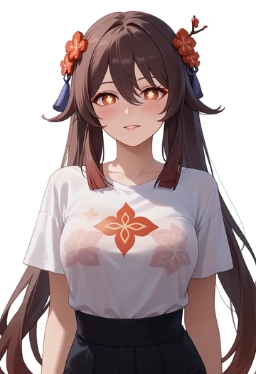 genshin impact,hutao,handwritten script shirt,dolphin shorts  - AI generated anime art