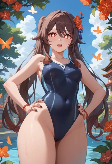 genshin impact,hutao,racerback swimsuit,striped trim,name tag patch  - AI generated anime art