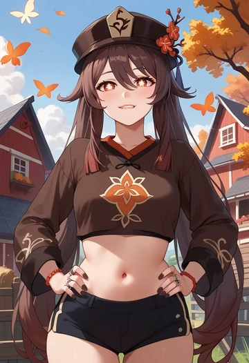 genshin impact,hutao,crop top,athletic shorts  - AI generated anime art