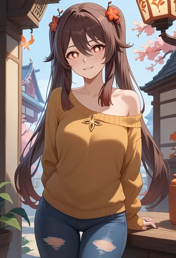 genshin impact,hutao,sweater,off-shoulder,ripped jeans  - AI generated anime art