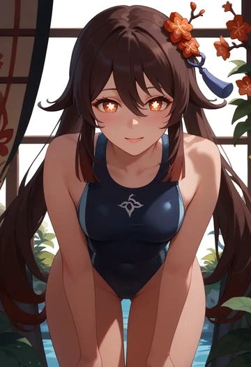 genshin impact,hutao,racerback swimsuit,striped trim,name tag patch  - AI generated anime art