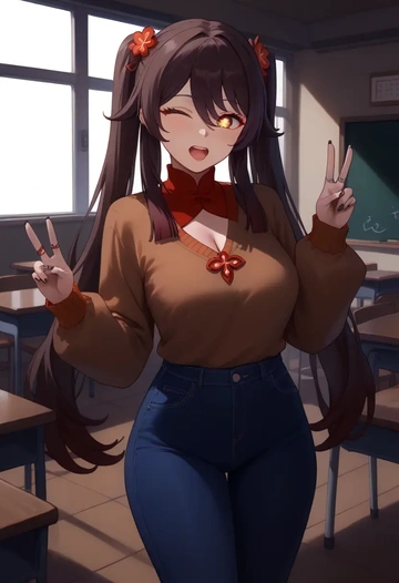 genshin impact,hutao,teacher, sweater, jeans shorts  - AI generated anime art