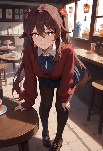 genshin impact,hutao,winter,student uniform,cardigan  - AI generated anime art