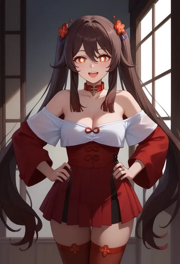 genshin impact,hutao,collar,oversized,Thigh garters  - AI generated anime art