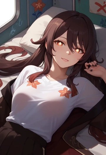 genshin impact,hutao,oversized graffiti shirt,dolphin shorts  - AI generated anime art