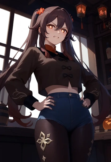 genshin impact,hutao,denim jacket,cropped,leather leggings  - AI generated anime art