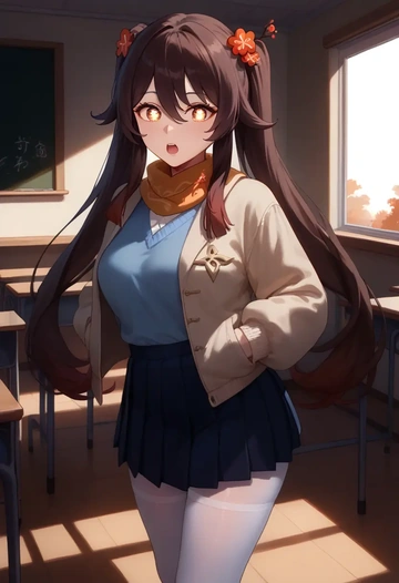 genshin impact,hutao,winter,student uniform,puffer jacket  - AI generated anime art