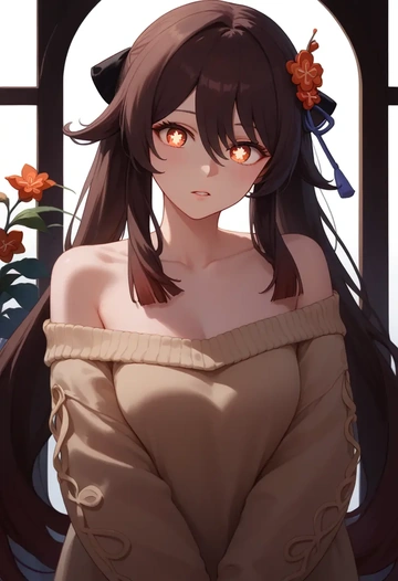 genshin impact,hutao,sweater,off-shoulder,collar  - AI generated anime art