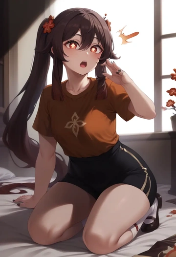 genshin impact,hutao,running shirt,shorts,sneakers  - AI generated anime art