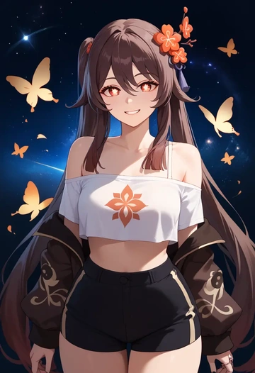 genshin impact,hutao,off-shoulder top,dolphin shorts  - AI generated anime art