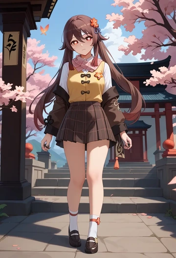 genshin impact,hutao,spring,student uniform,vest  - AI generated anime art