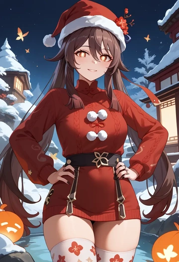 genshin impact,hutao,Christmas,sweater dress,stockings  - AI generated anime art