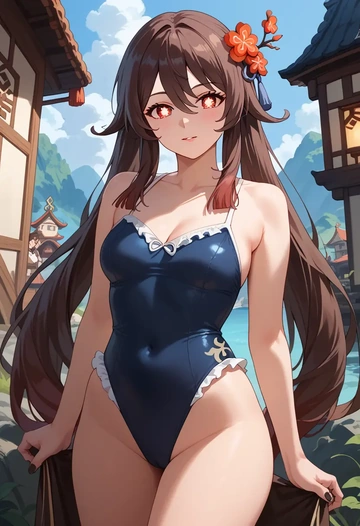 genshin impact,hutao,retro style swimsuit,frilled neckline,bow detail  - AI generated anime art