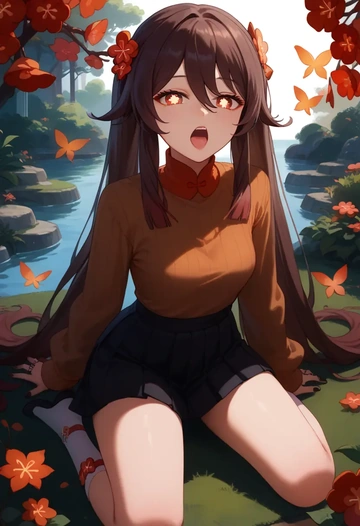 genshin impact,hutao,skirt,pleated,turtleneck sweater  - AI generated anime art