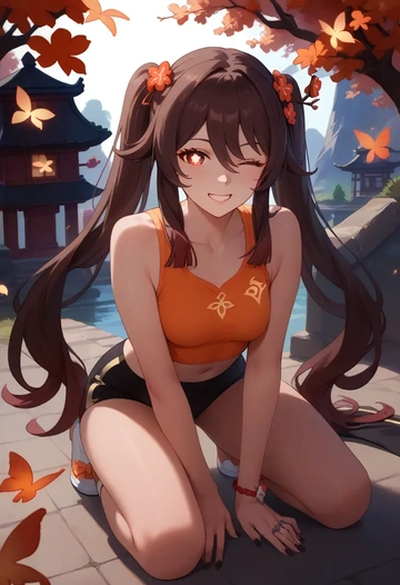 genshin impact,hutao,tankini top,board shorts  - AI generated anime art