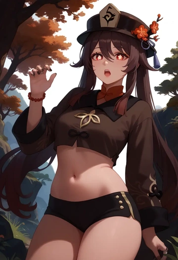 genshin impact,hutao,crop top,athletic shorts  - AI generated anime art