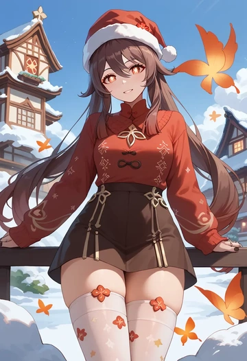 genshin impact,hutao,Christmas,sweater dress,stockings  - AI generated anime art