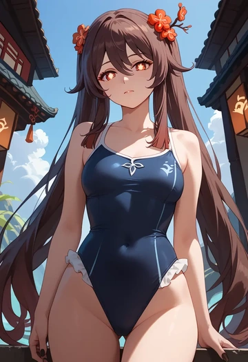 genshin impact,hutao,retro style swimsuit,frilled neckline,bow detail  - AI generated anime art