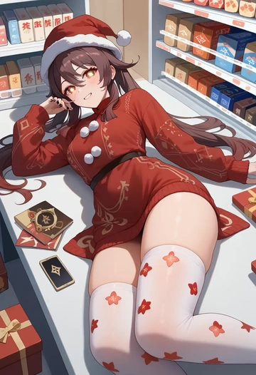 genshin impact,hutao,Christmas,sweater dress,stockings  - AI generated anime art