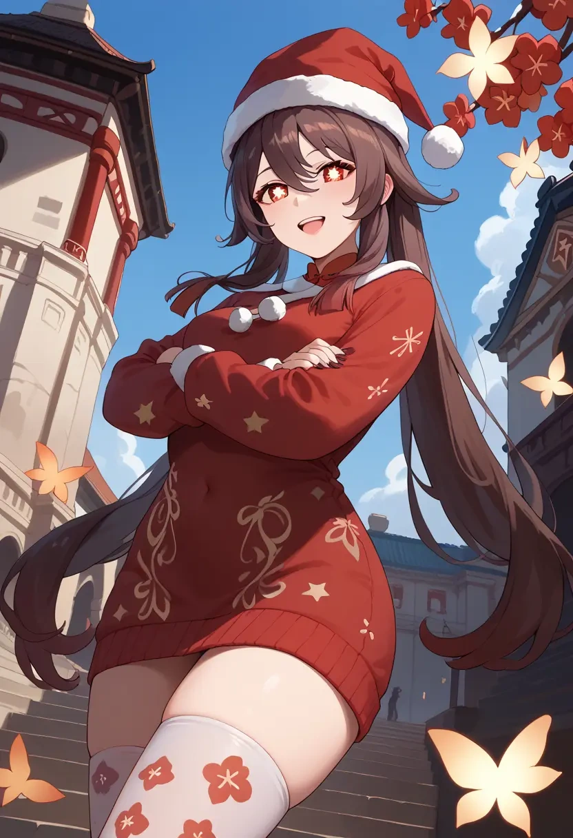 genshin impact,hutao,Christmas,sweater dress,stockings  - 