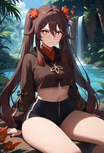 genshin impact,hutao,crop hoodie,shorts  - AI generated anime art