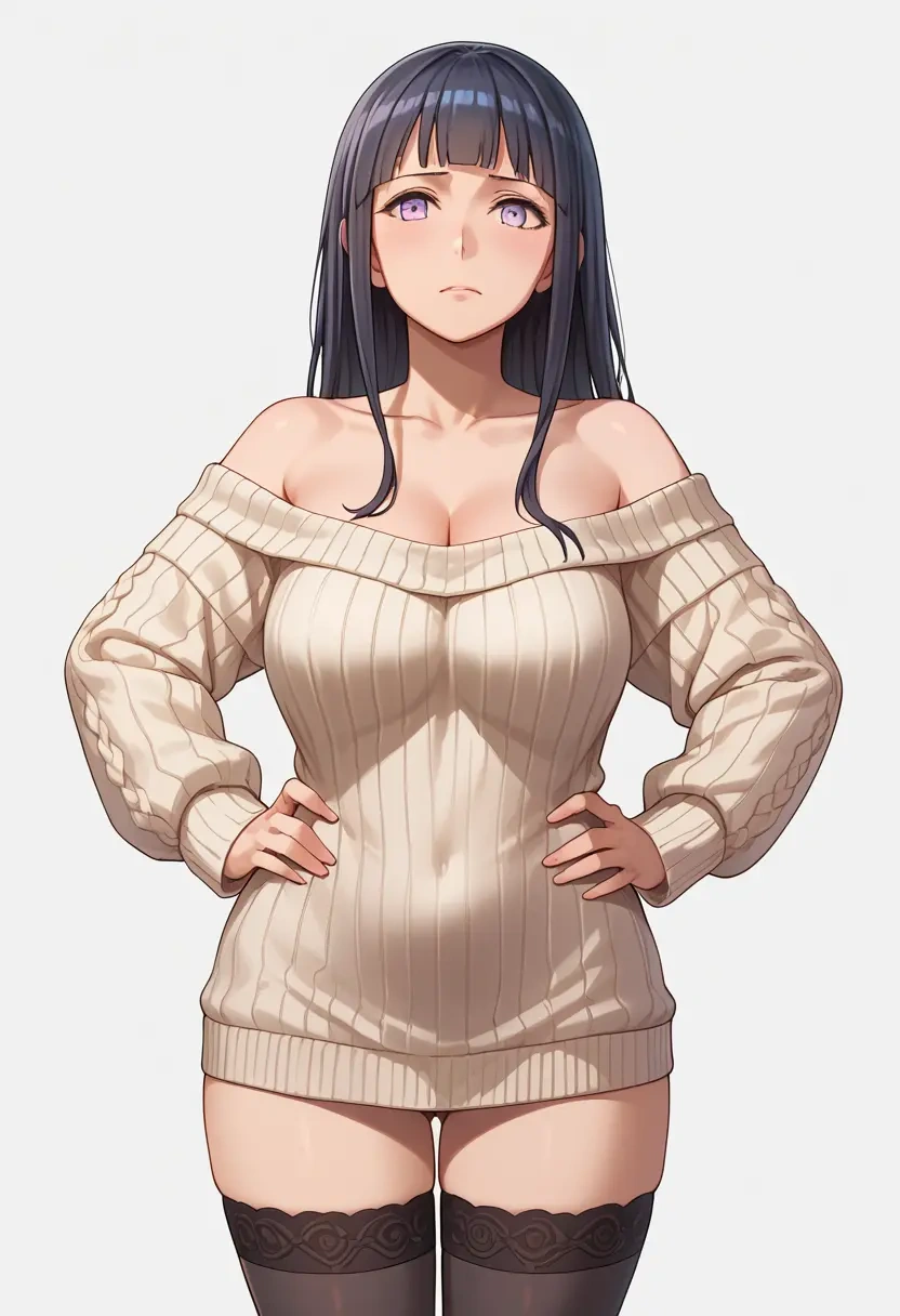 kantai_collection,hyuuga_(kancolle),Hands on hips,off-shoulder,sweater,stockings  - 