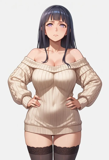 kantai_collection,hyuuga_(kancolle),Hands on hips,off-shoulder,sweater,stockings  - AI generated anime art