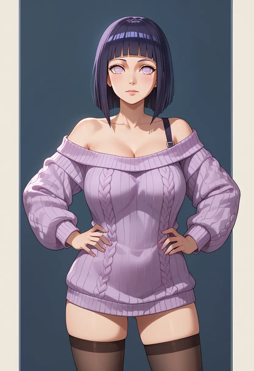 naruto_(series),hyuuga_hinata,Hands on hips,off-shoulder,sweater,stockings  - 