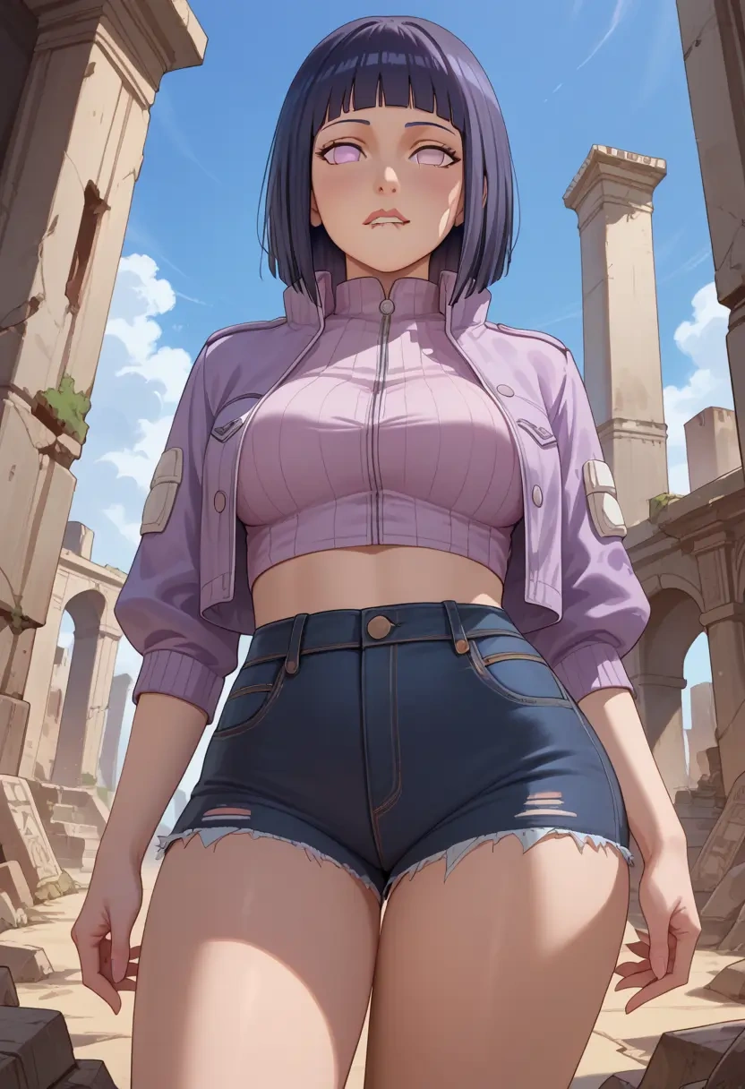 naruto_(series),hyuuga_hinata,denim jacket,cropped,leather leggings  - 