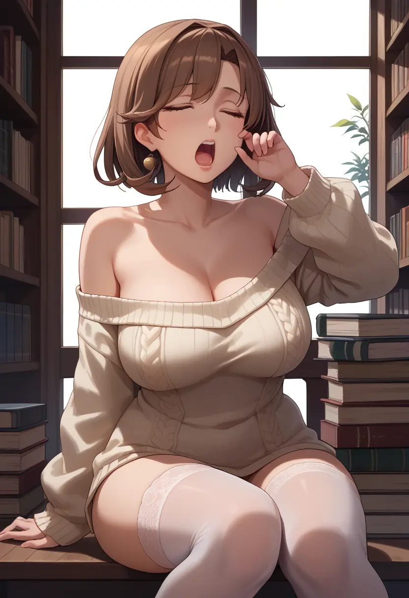 kantai_collection,i-401_(kancolle),Yawning,off-shoulder,sweater,stockings  - 