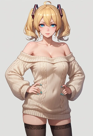 vocaloid,ia_(vocaloid),Hands on hips,off-shoulder,sweater,stockings  - AI generated anime art