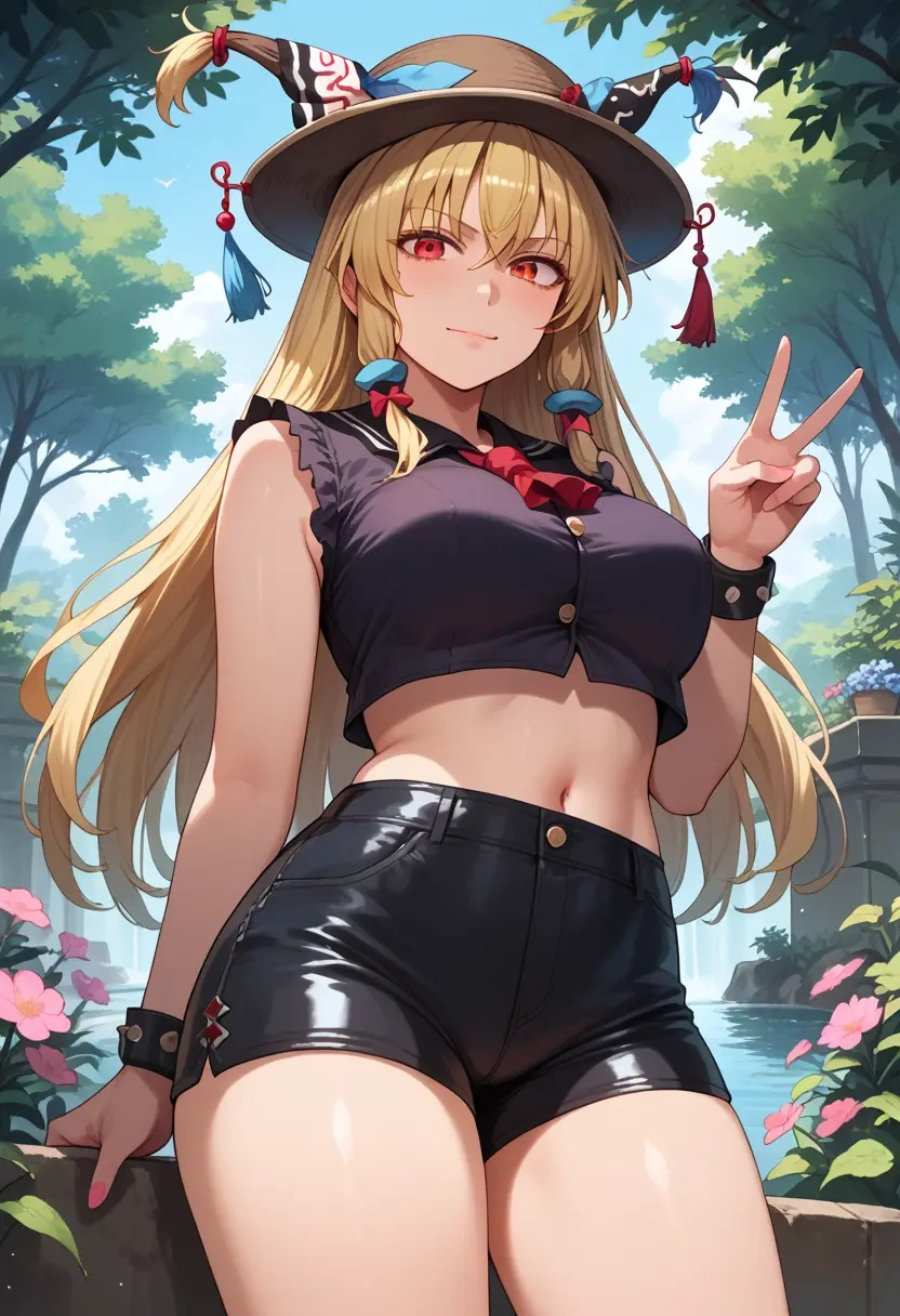 touhou,ibuki_suika,leather,shorts,crop top  - 