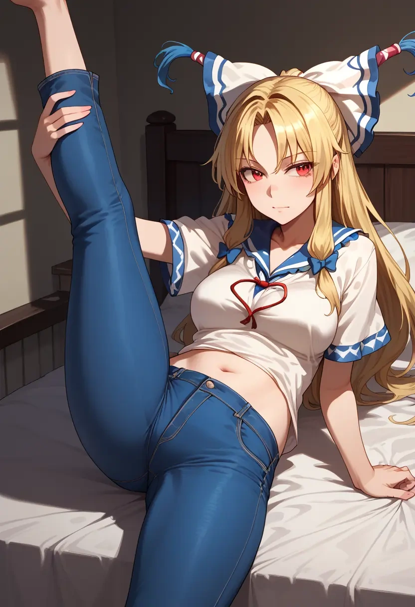 touhou,ibuki_suika,jeans shorts,spread legs,one leg up,sexy  - 